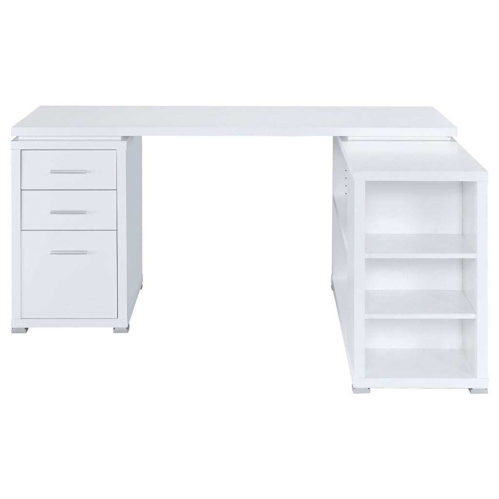 White L-shaped desk with left drawer cabinet and right open bookcase-style shelves