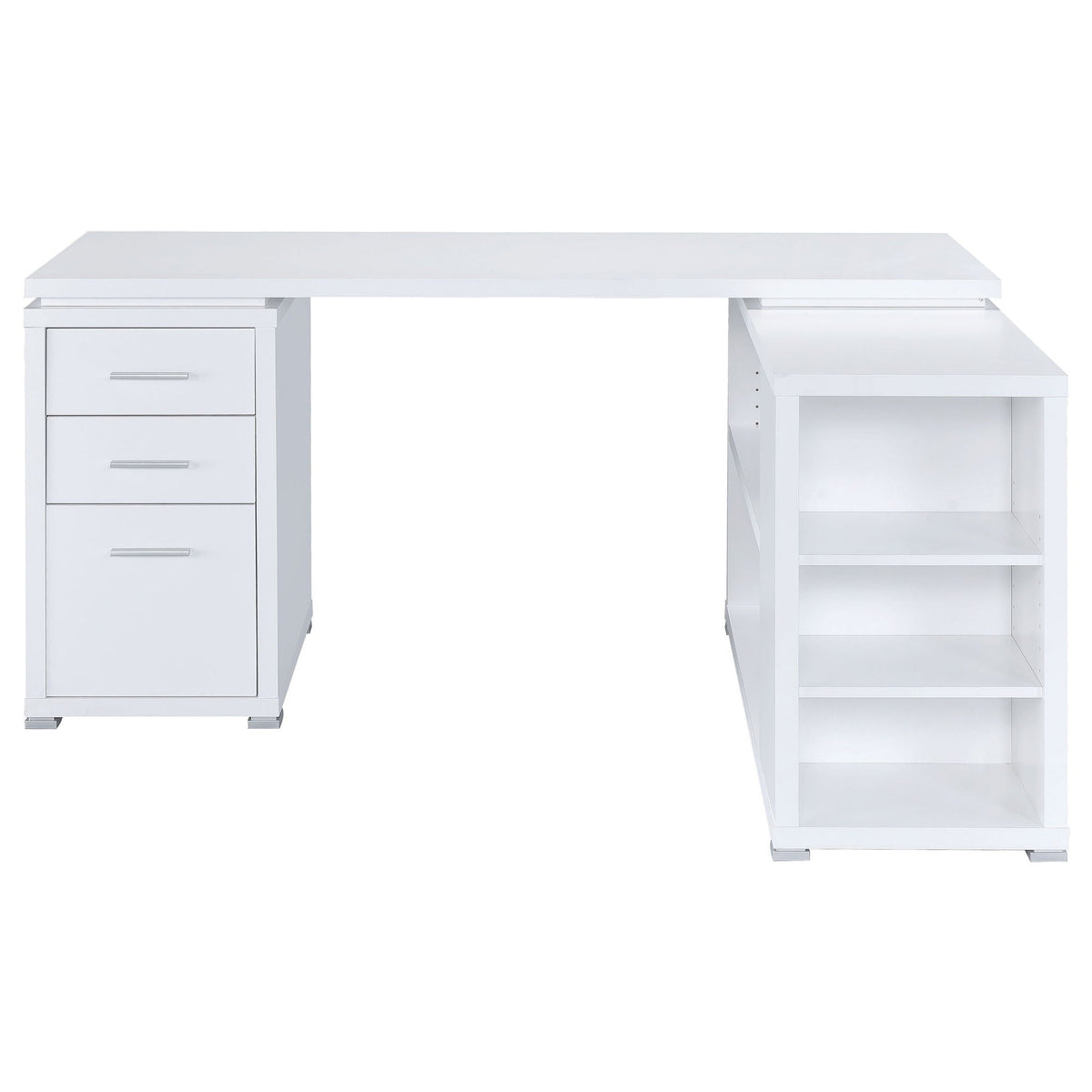 White L-shaped desk with left drawer cabinet and right open bookcase-style shelves