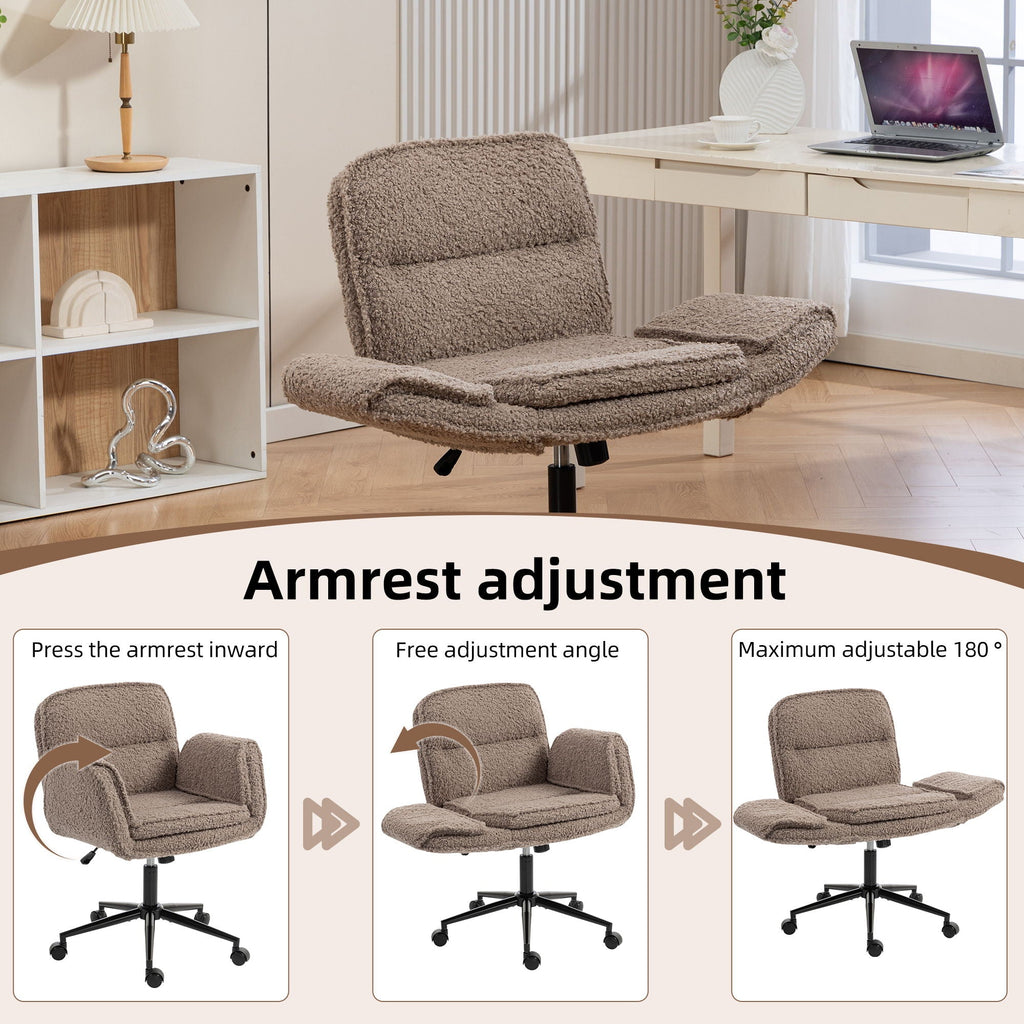 Beige swivel desk chair with padded armrests and rolling casters, arched backrest.