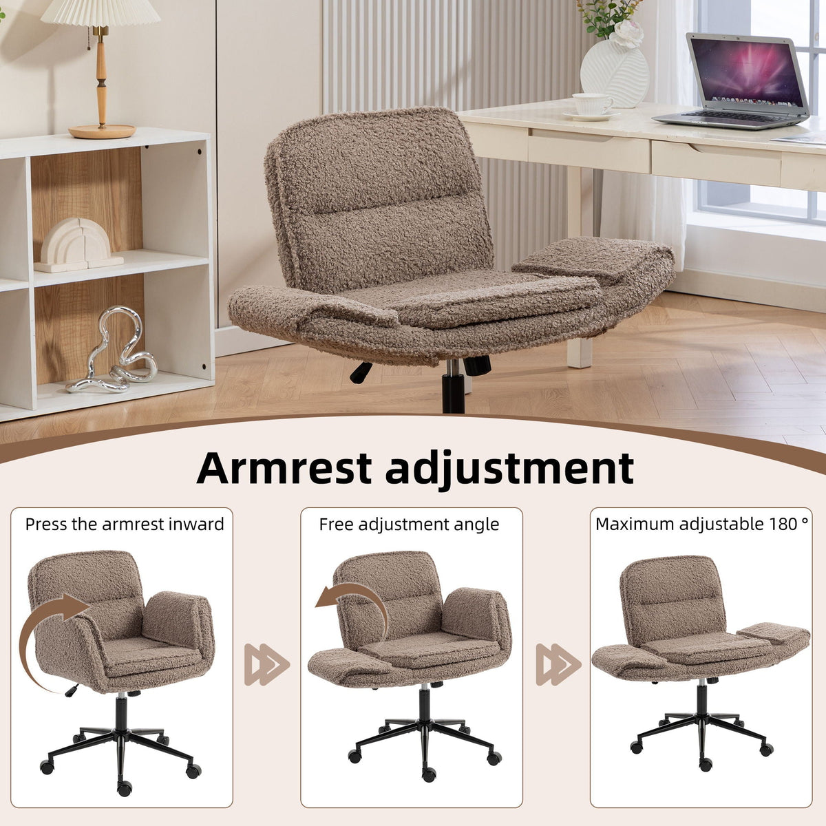 Beige swivel desk chair with padded armrests and rolling casters, arched backrest.