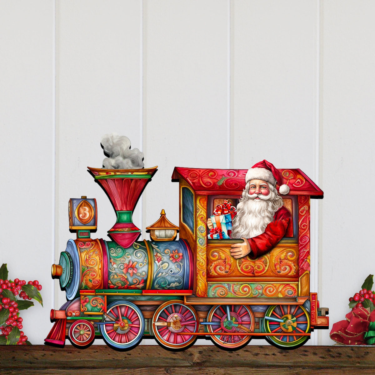 Santa and snowman train door decoration with colorful locomotive and gift in cab