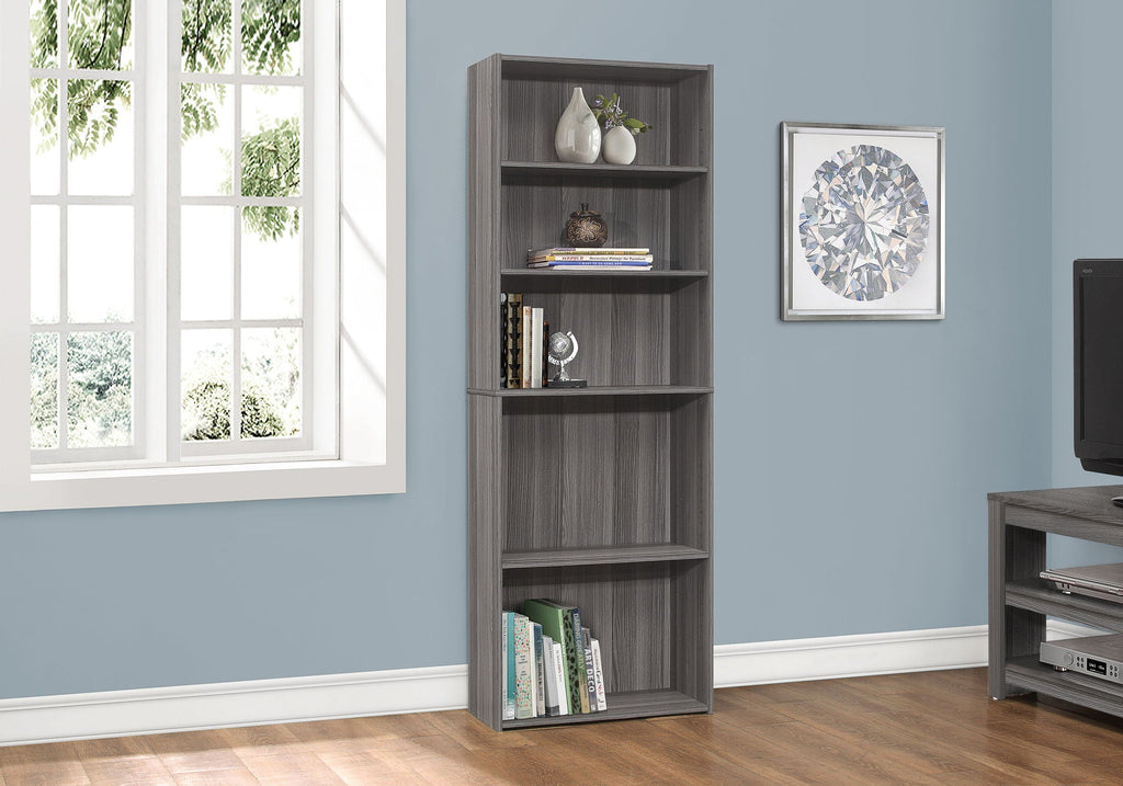 Gray 6-tier bookcase with open shelves and dark top trim