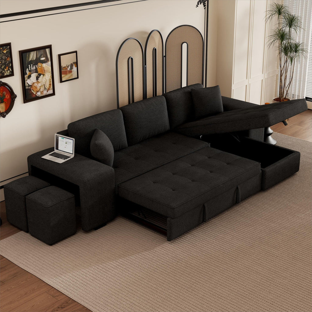 Black sectional sofa with pull-out sleeper and storage chaise, plus two matching ottomans