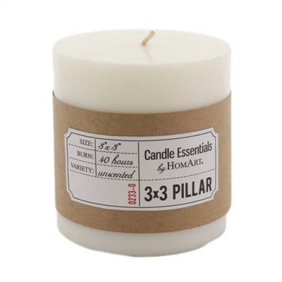 Ivory 3x3 pillar candle with brown label, wick top, Candle Essentials by HoMART.