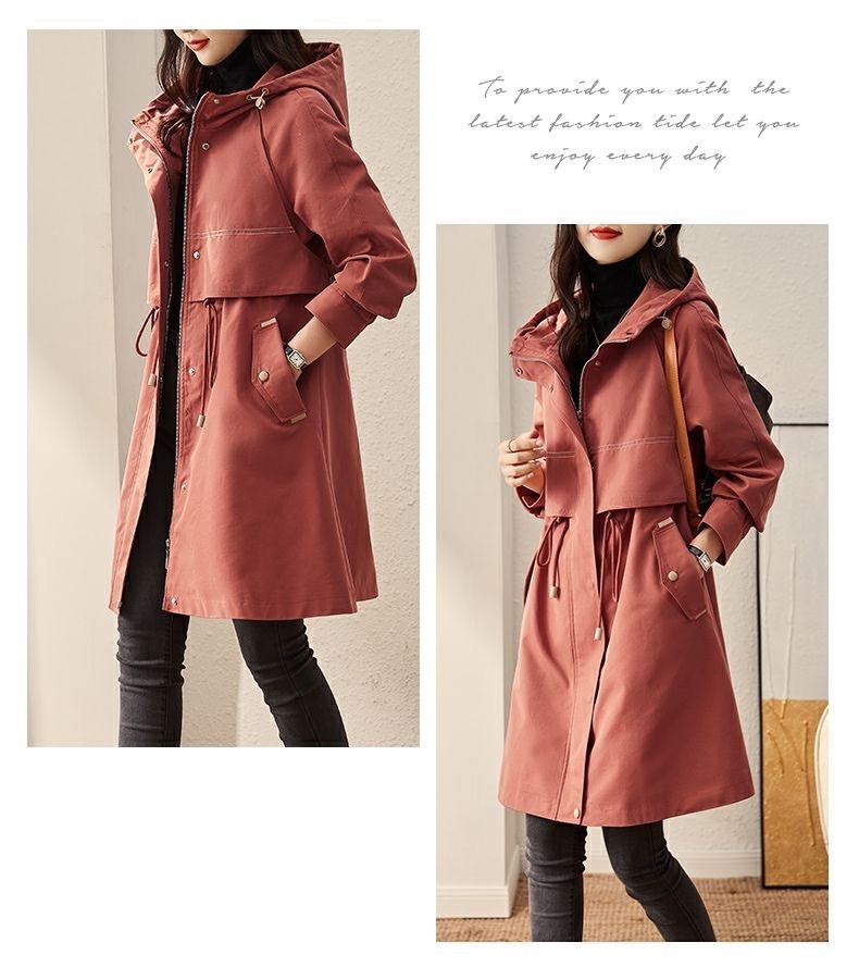 Women's hooded windbreaker coat in maroon-red, drawstring waist, button front, patch pockets