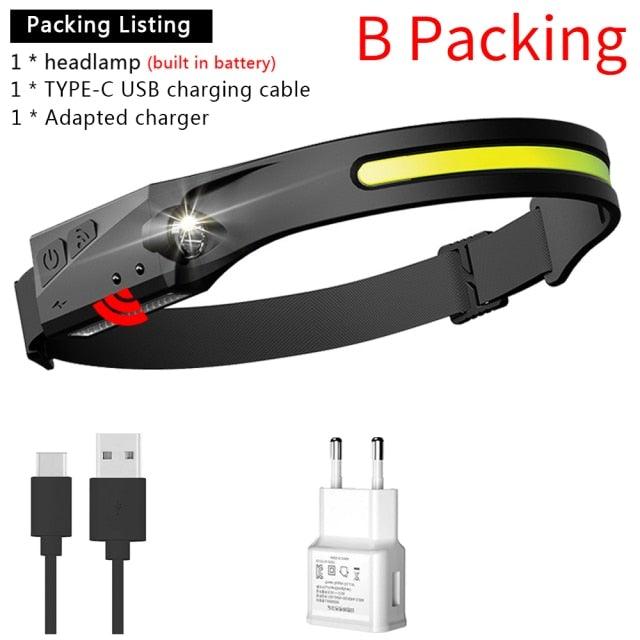 Headlamp kit with black headlamp, USB-C charging cable, and power adapter