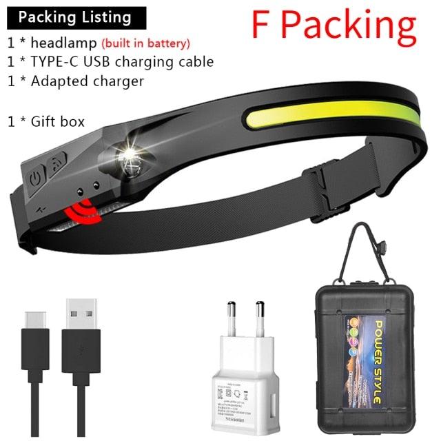 Black rechargeable USB headlamp kit with charging cables and gift box