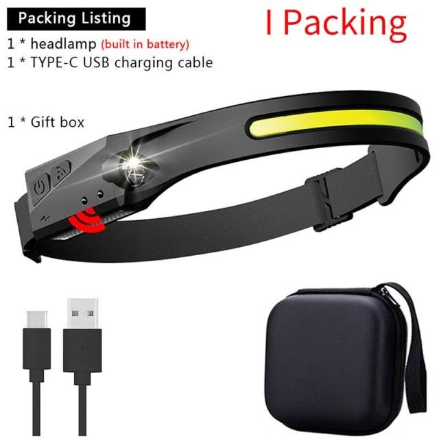 LED headlamp kit with black headlamp, Type-C USB cable, and protective gift case