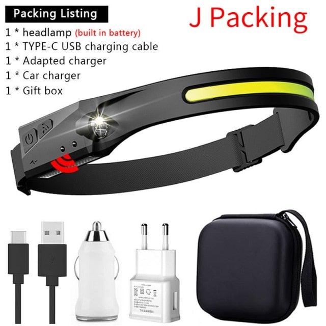 Headlamp kit with black headlamp, USB cable, car charger, and zip storage case