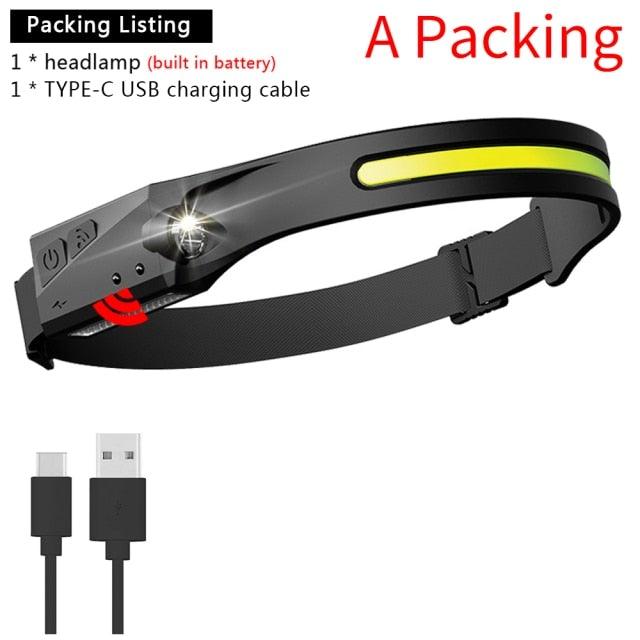 Black adjustable LED induction headlamp with yellow light bar and clip-style charging port