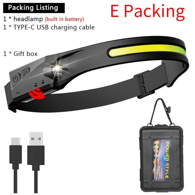 LED headlamp kit with black headlamp, Type-C USB cable, and hanging gift box