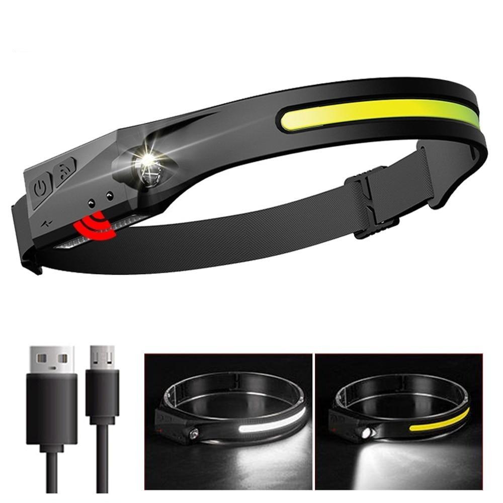 Adjustable black LED induction headlamp with bright yellow light bar and head strap