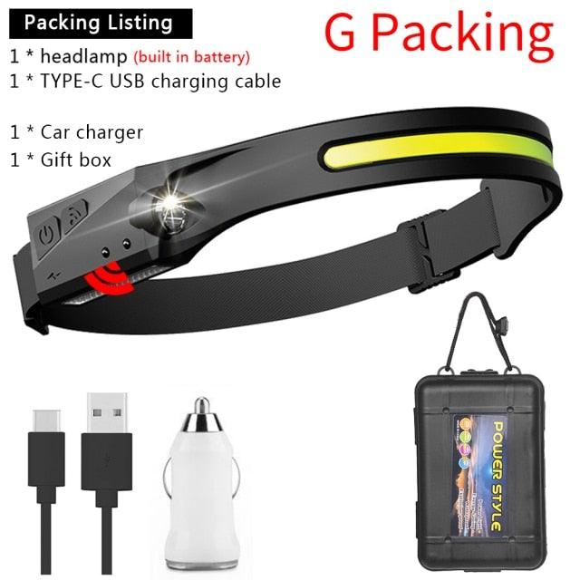 Headlamp kit with black headlamp, USB-C cable, car charger, and gift box