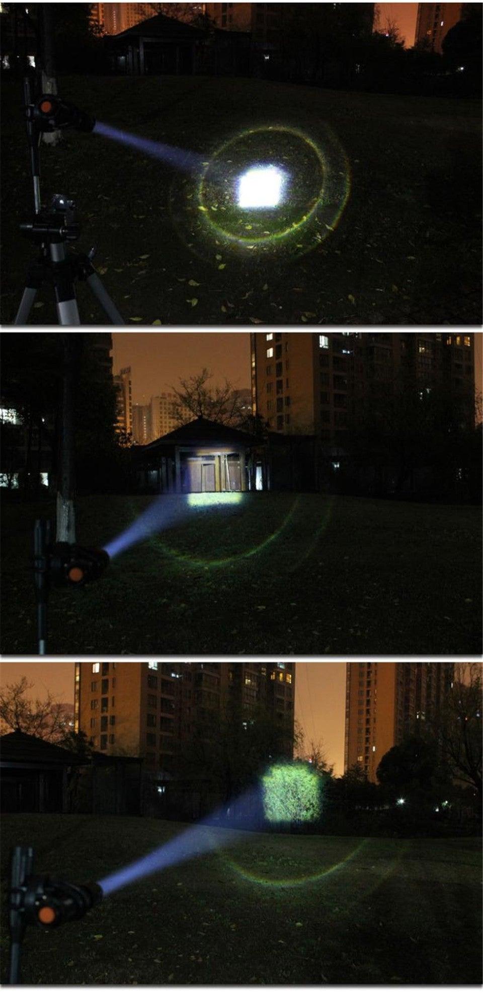 Bright mini flashlight beam illuminating at night, visible light cone through haze