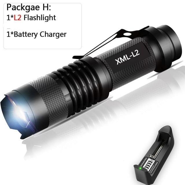 Rechargeable mini handheld LED flashlight, black textured body with XML L2 label and charger
