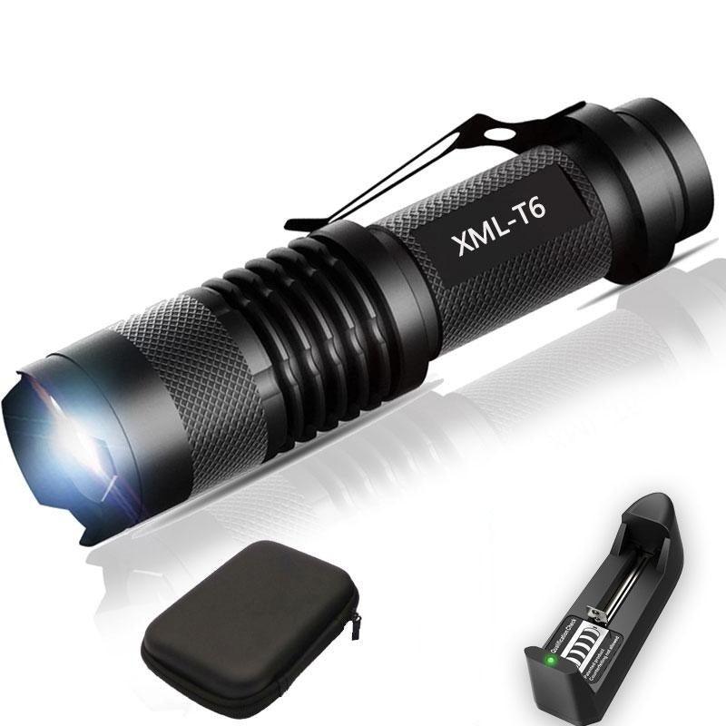 Black mini LED handheld flashlight with textured grip and lanyard loop, zoomable head
