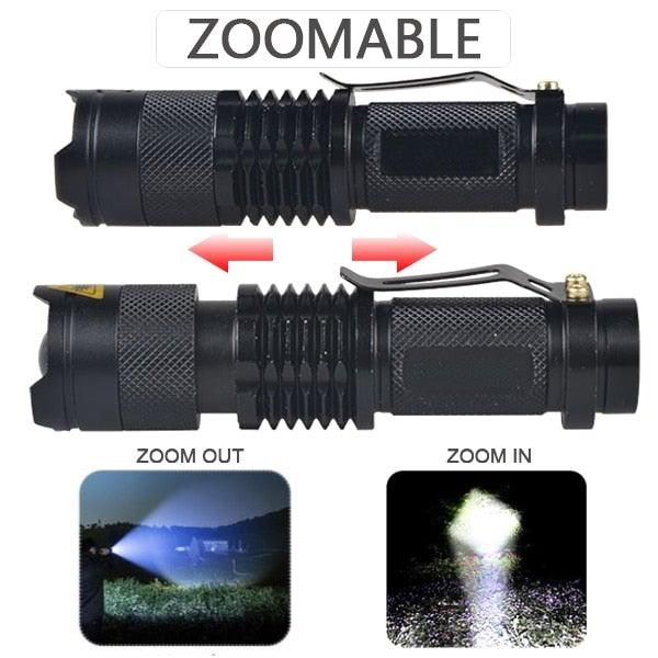 Black zoomable mini LED flashlight showing zoom in and zoom out beam
