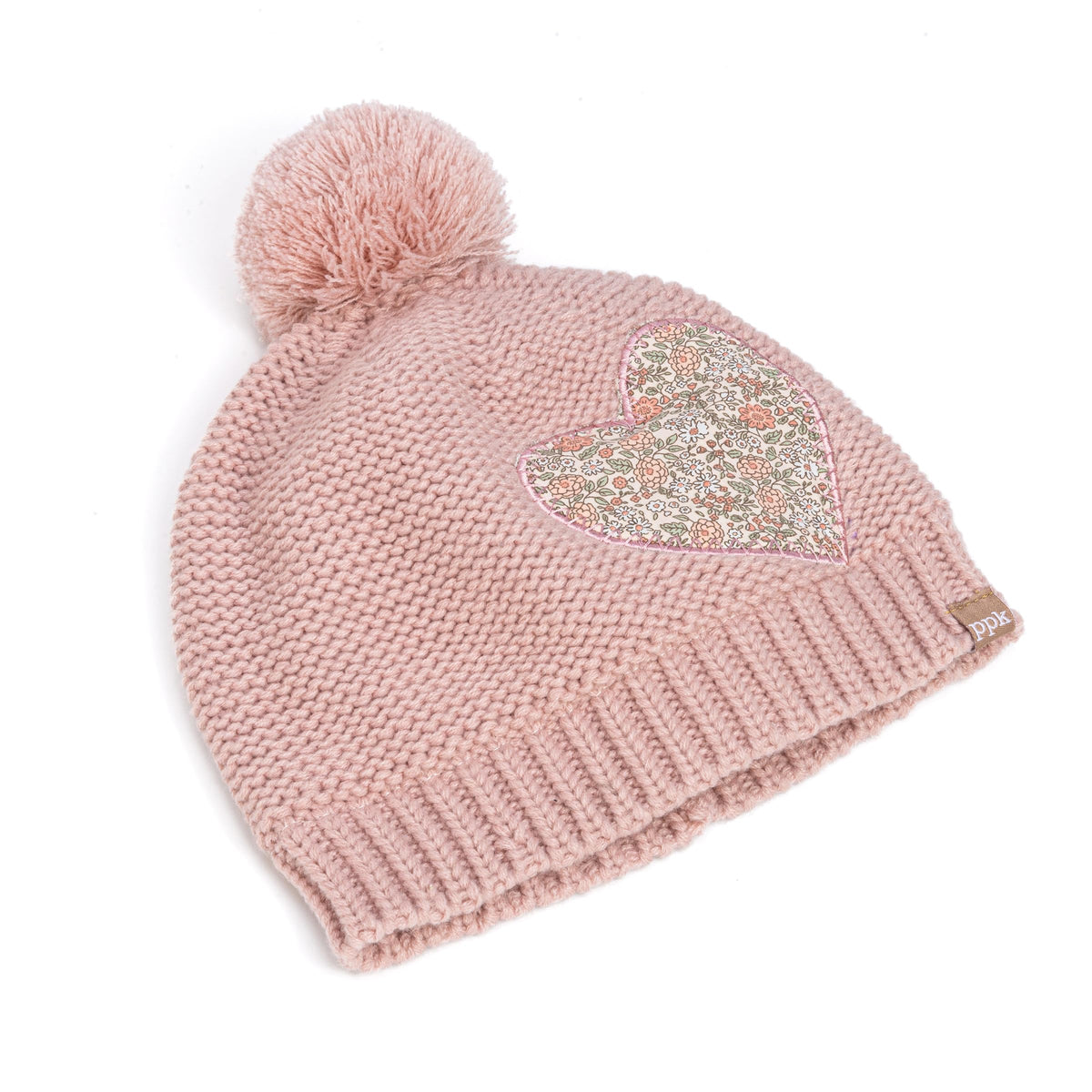 Mauve pink knit beanie with pom-pom and heart applique patch
