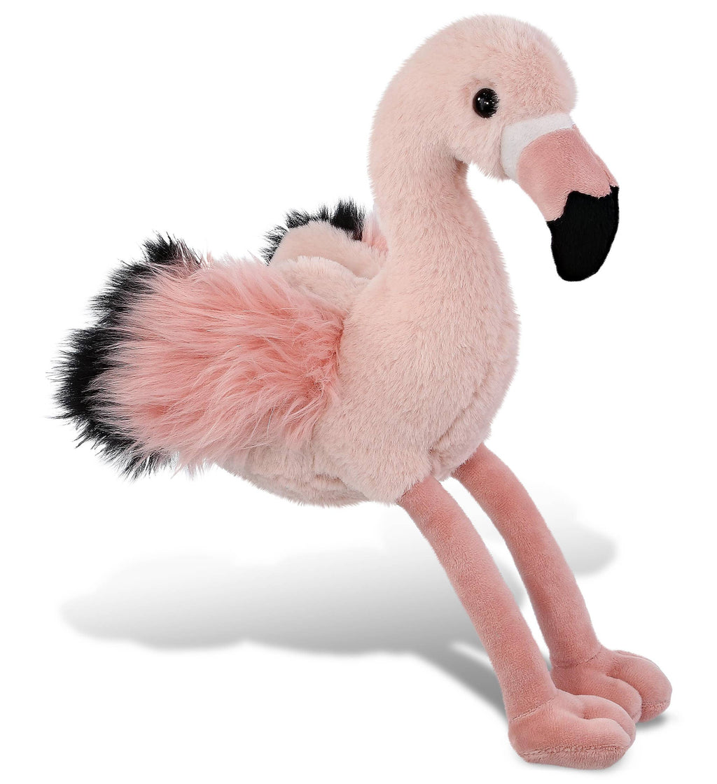 Flamingo plush toy with soft light-pink body, black beak, and fuzzy pink tail