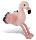 Flamingo plush toy with soft light-pink body, black beak, and fuzzy pink tail