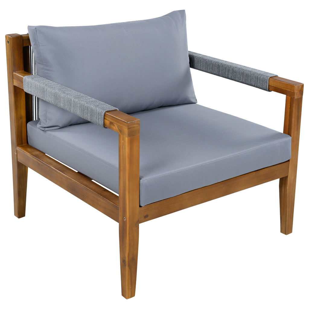 Acacia outdoor armchair with gray cushioned seat and large back pillow