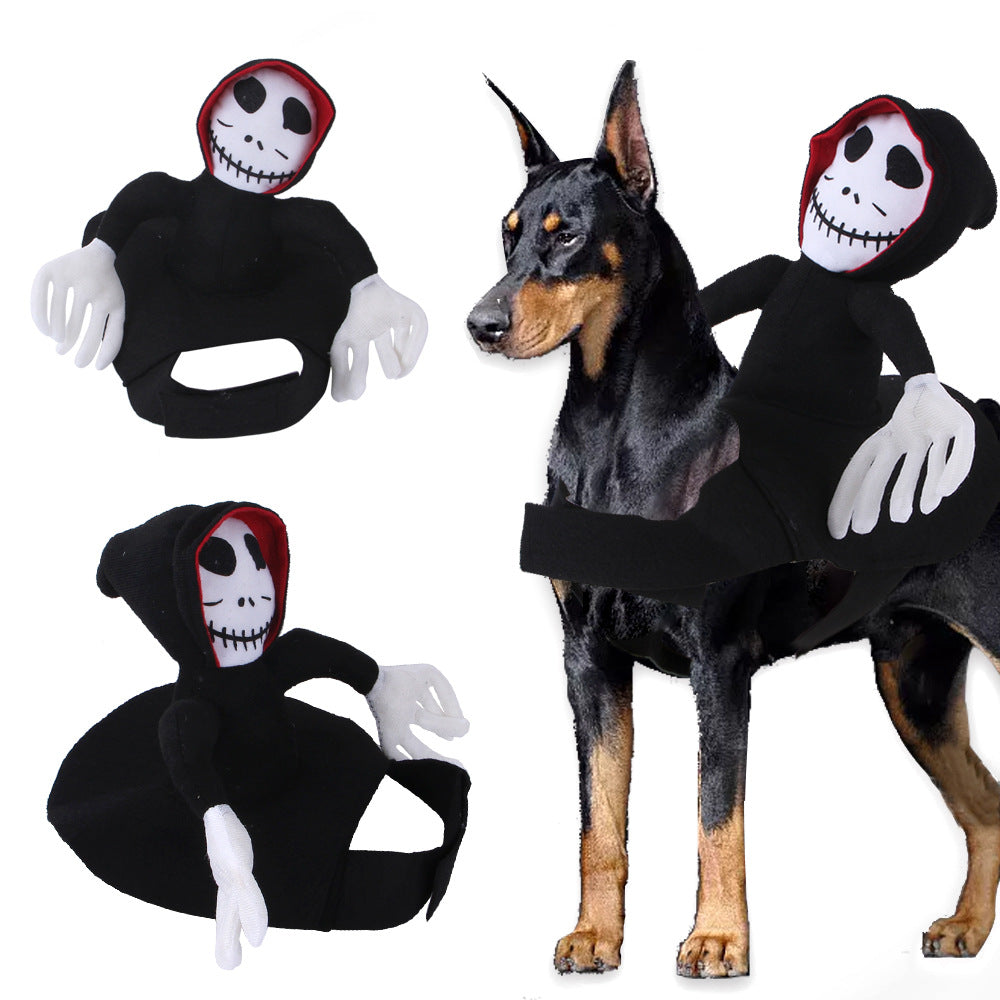 Black skeleton-style hooded pet costume with red-edged hood and white gloves