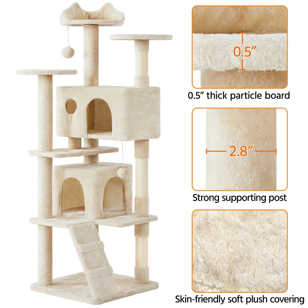Beige cat tree with plush covering, thick platforms and wide support posts