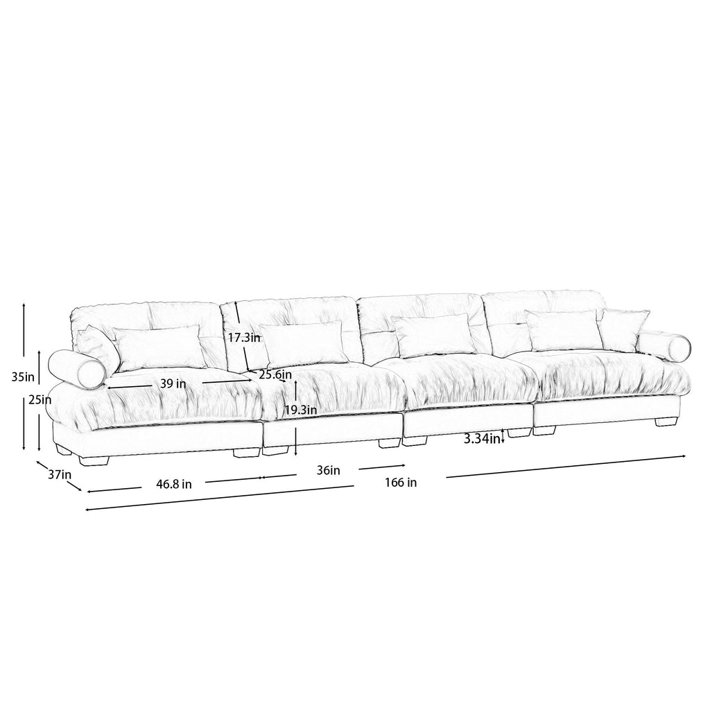 Sectional sofa size diagram with labeled measurements and cushioned back