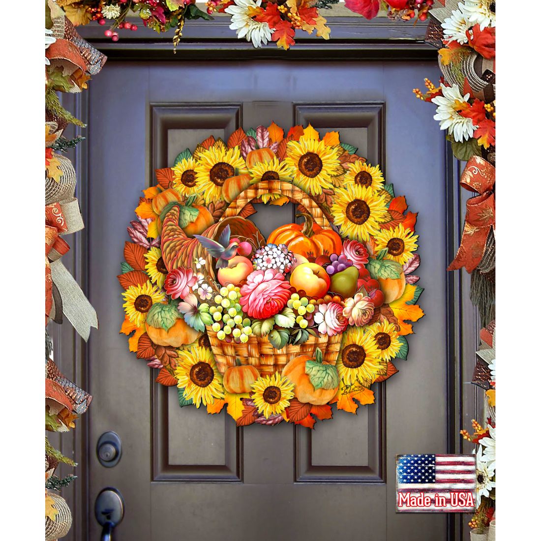 Thanksgiving door wreath with woven basket center, sunflowers, pumpkins, and autumn florals