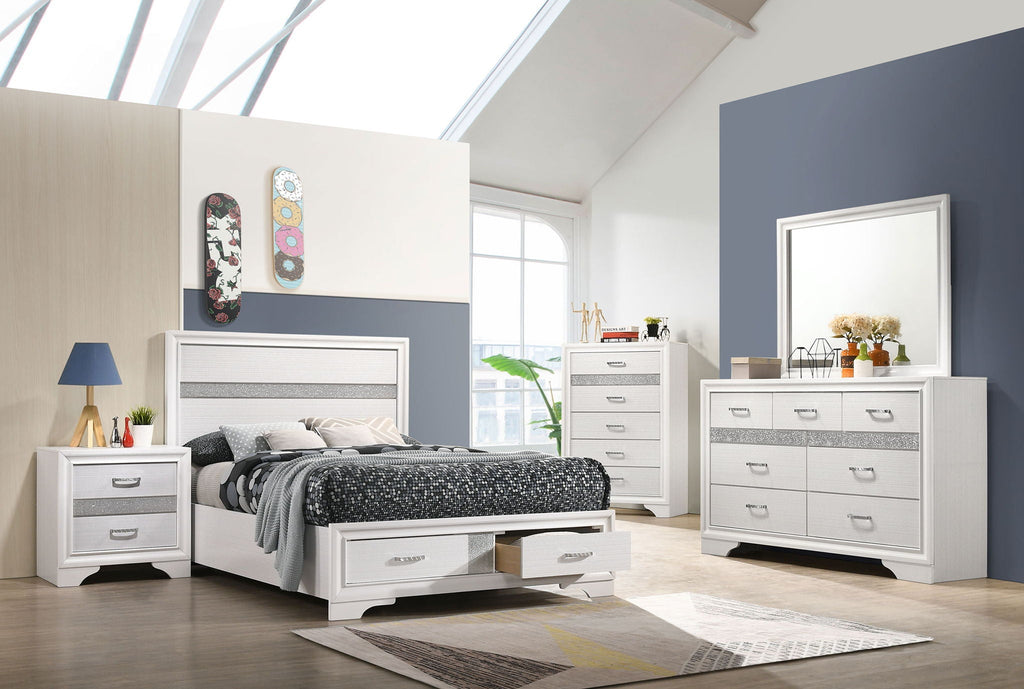 White 5-piece bedroom set with bed, nightstands, dresser, and mirror