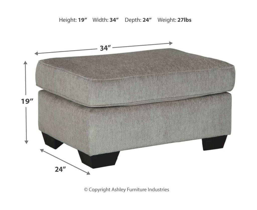 Gray upholstered ottoman with square top and low block feet