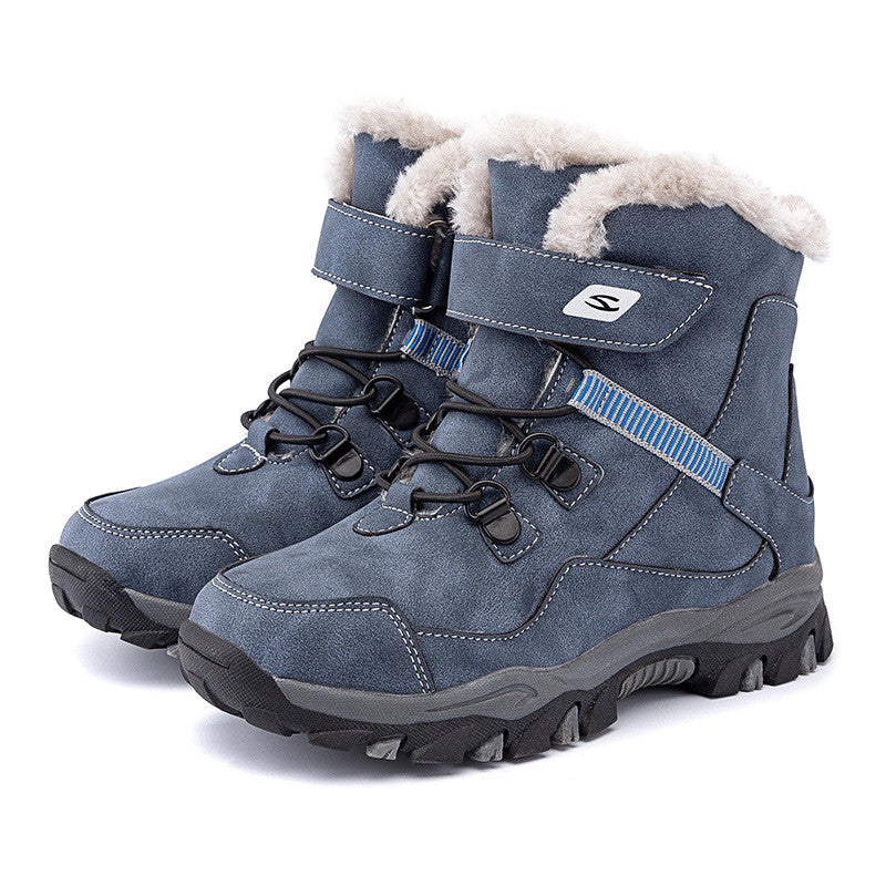 Steel blue kids winter boots with faux-fur lining, lace-up and hook straps, tread sole