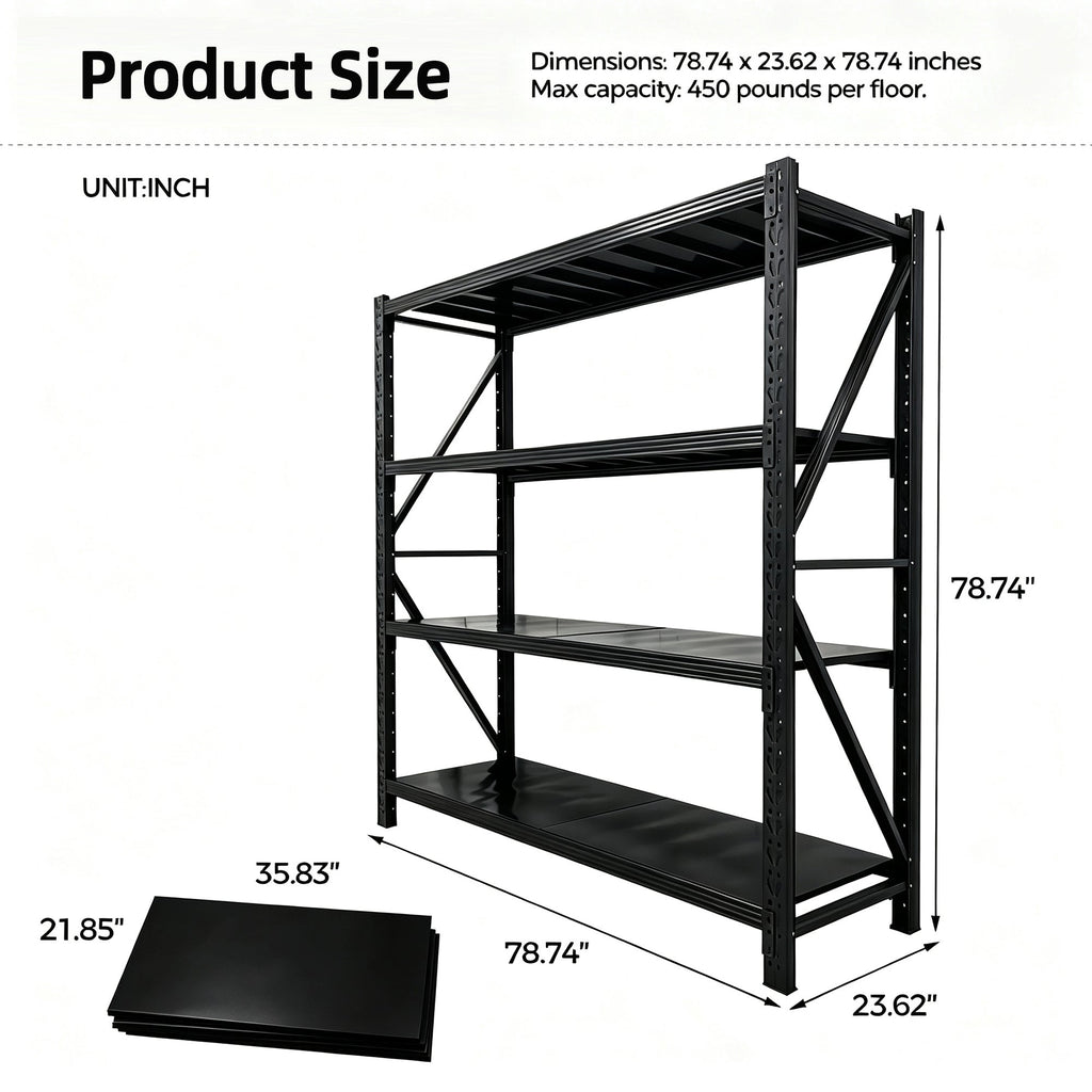 Black four-tier metal shelving rack with dimension markings and a separate shelf panel