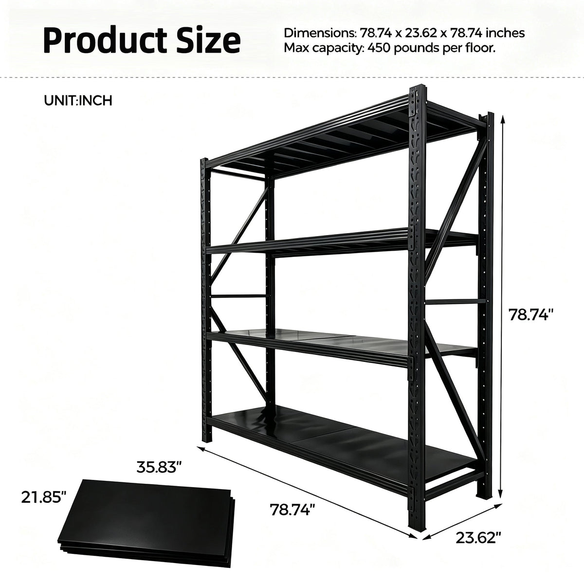 Black four-tier metal shelving rack with dimension markings and a separate shelf panel