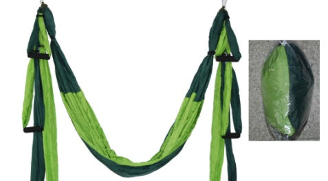 Green yoga swing hammock with dark strap accents and hanging loops