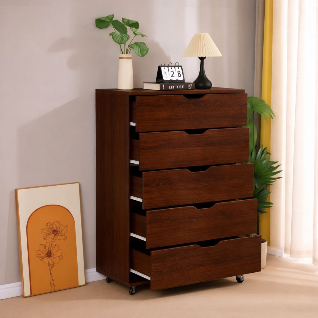 Dark brown dresser with five drawers pulled open, showing the drawer interiors