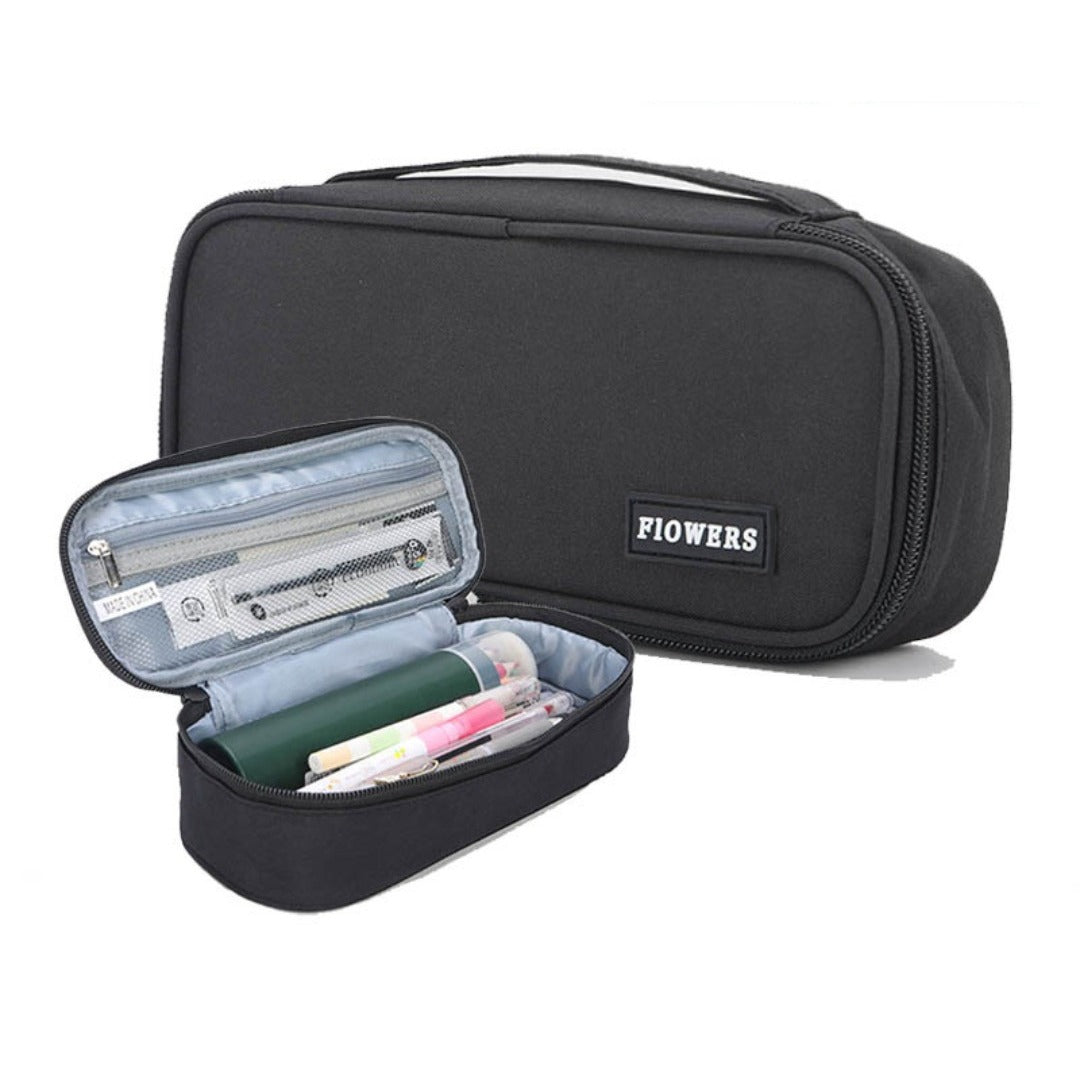 Black zipper pencil case with open compartment and clear pencil organizer window