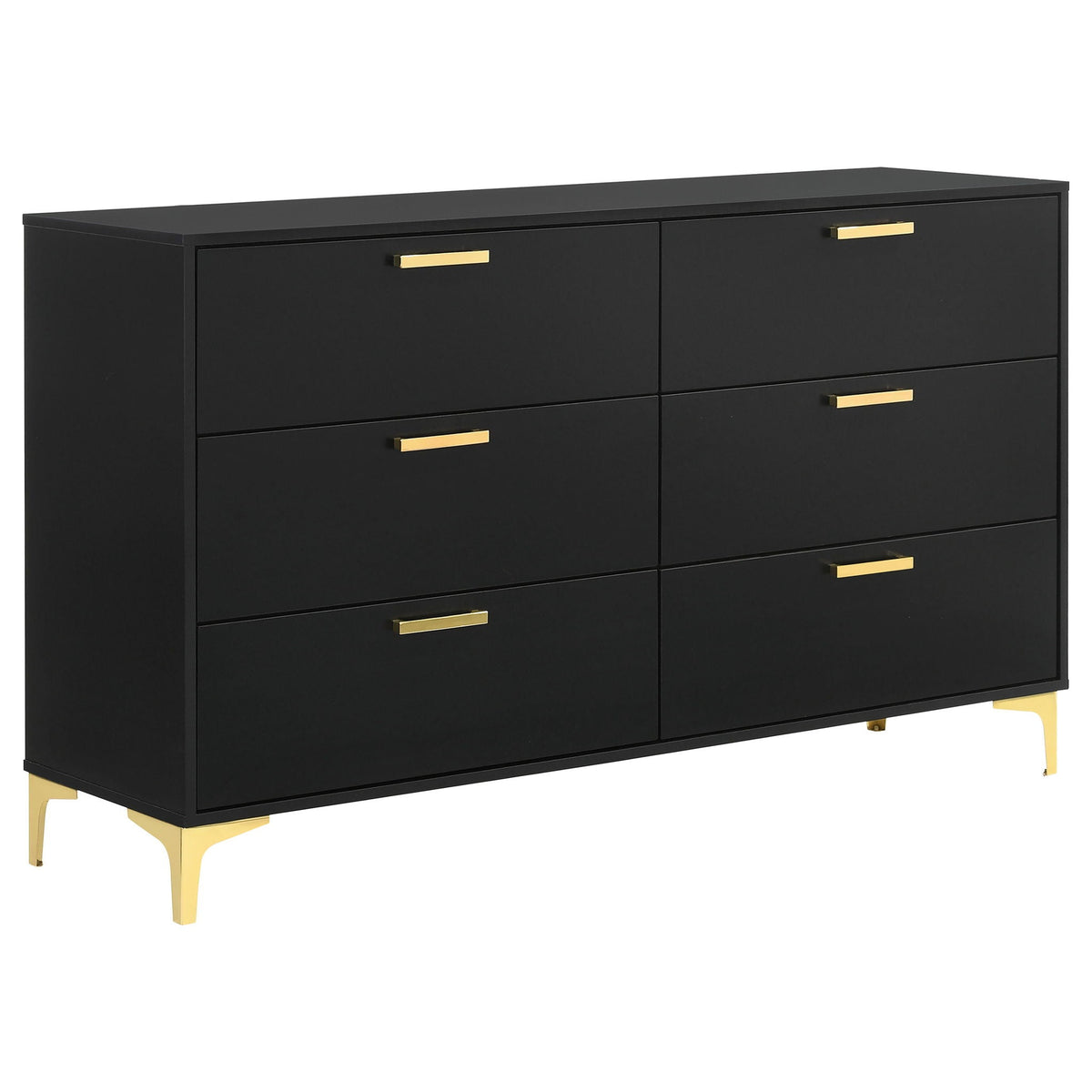 Black dresser with six drawers, gold bar pulls, and tapered gold legs