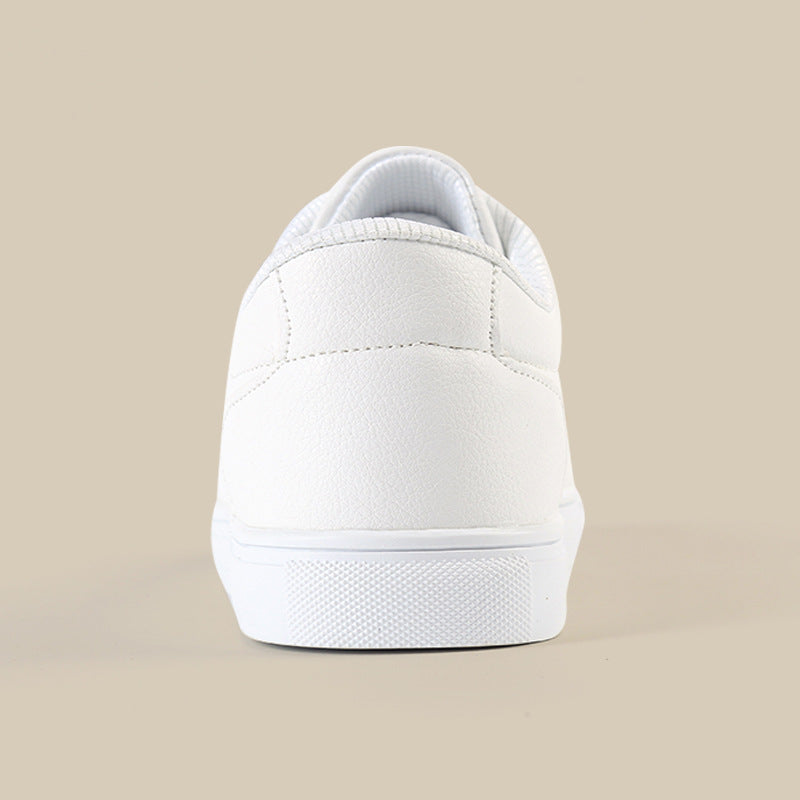 White sneakers rear view with cushioned collar and low-profile sole
