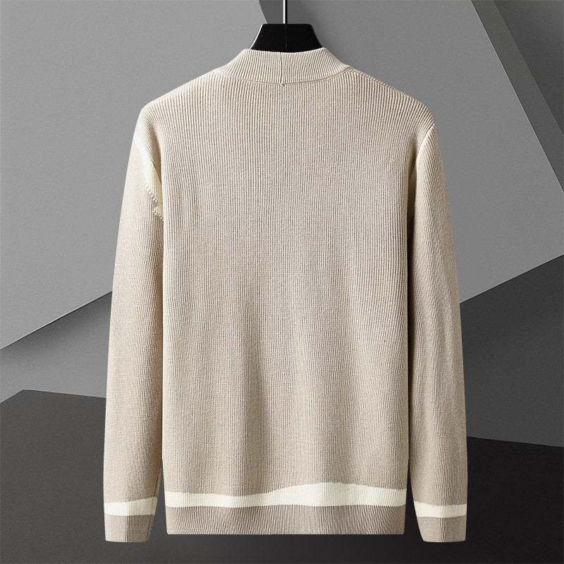 Men's knit cardigan sweater coat, beige back view with striped hem