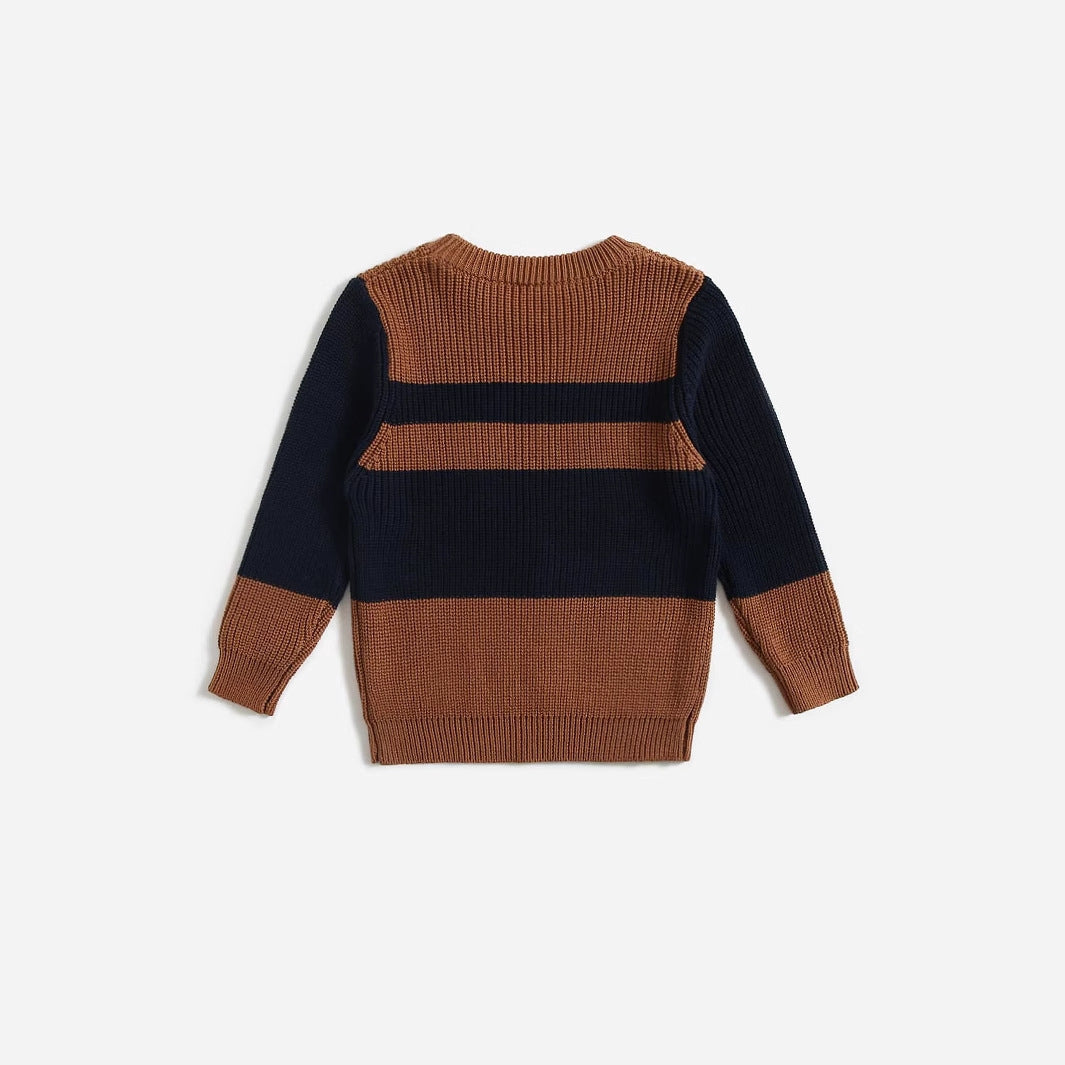 Chunky knit striped pullover with crew neck, navy and brown bands, long sleeves