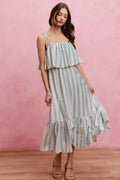 Blue-and-white striped tiered midi dress with tie shoulder straps and ruffle bodice