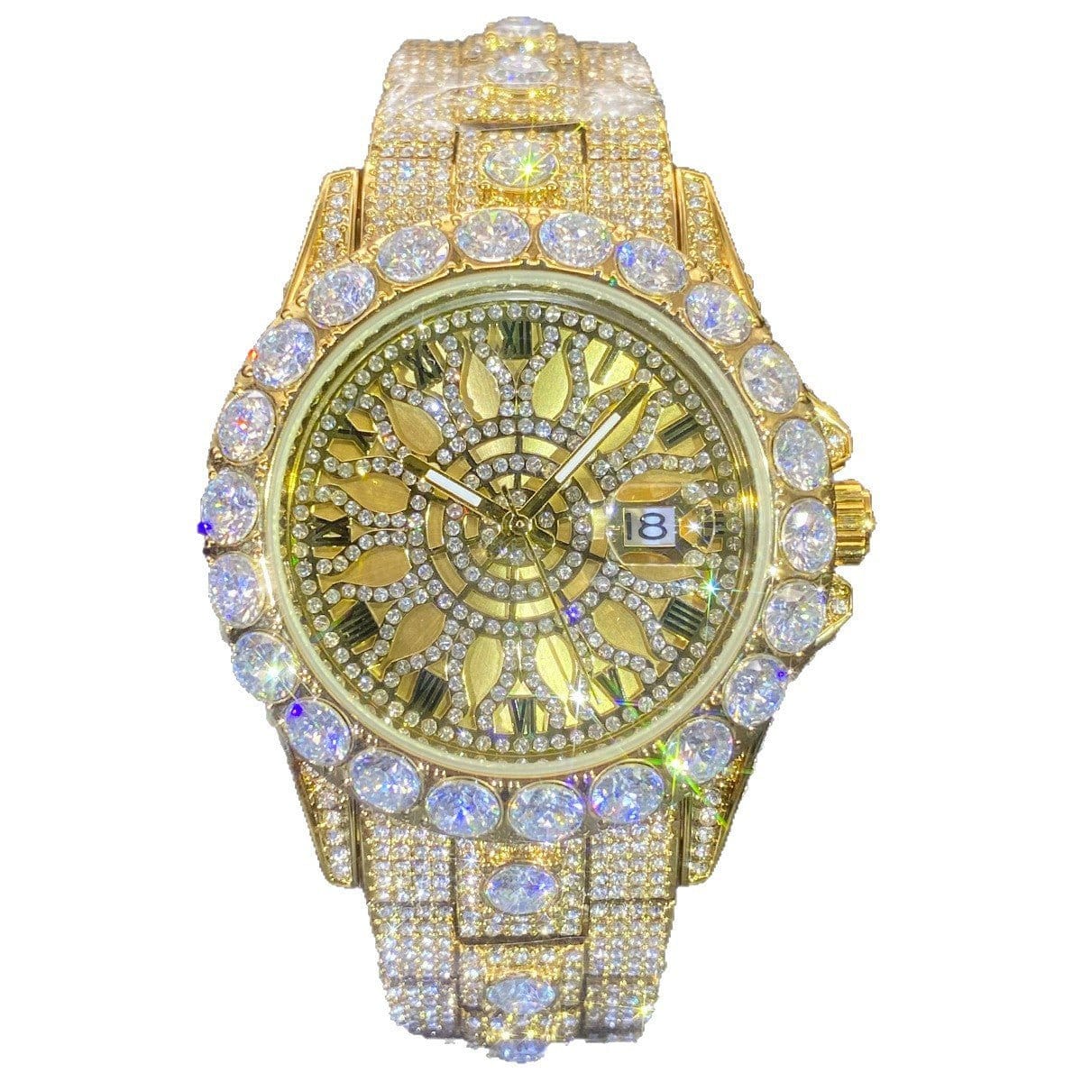 Gold rhinestone hip-hop watch with green-toned dial and round bezel