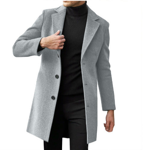 Men's mid-length long-sleeve wool coat, light gray with button front and notched lapels