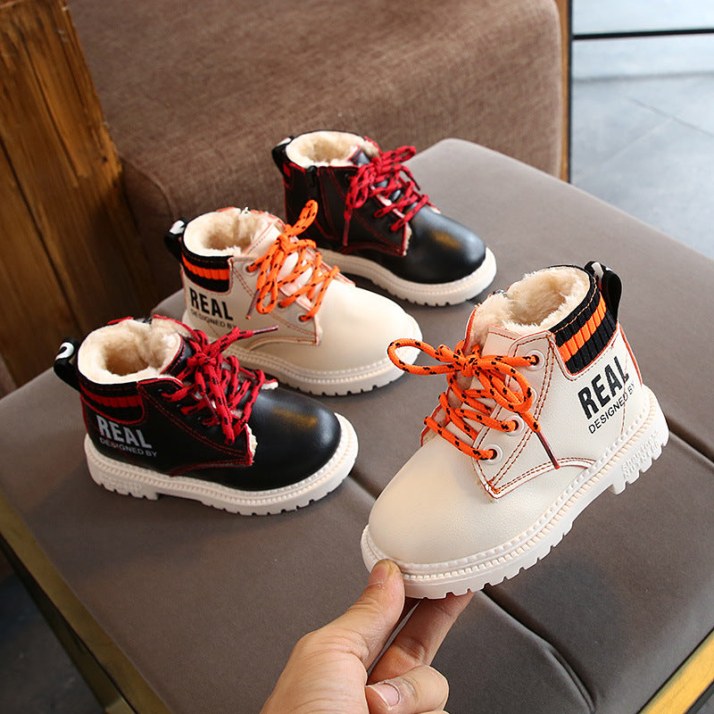 Kids lace-up ankle boots set: beige with orange laces and black with red laces, warm lining