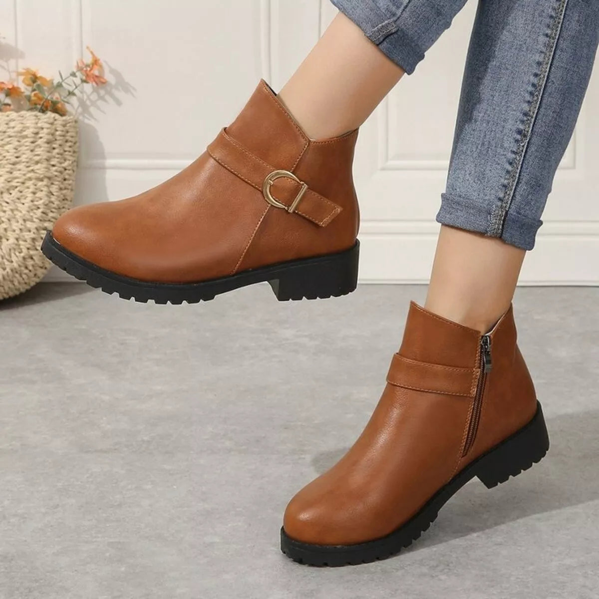 Caramel ankle boots with gold buckle strap and chunky tread sole