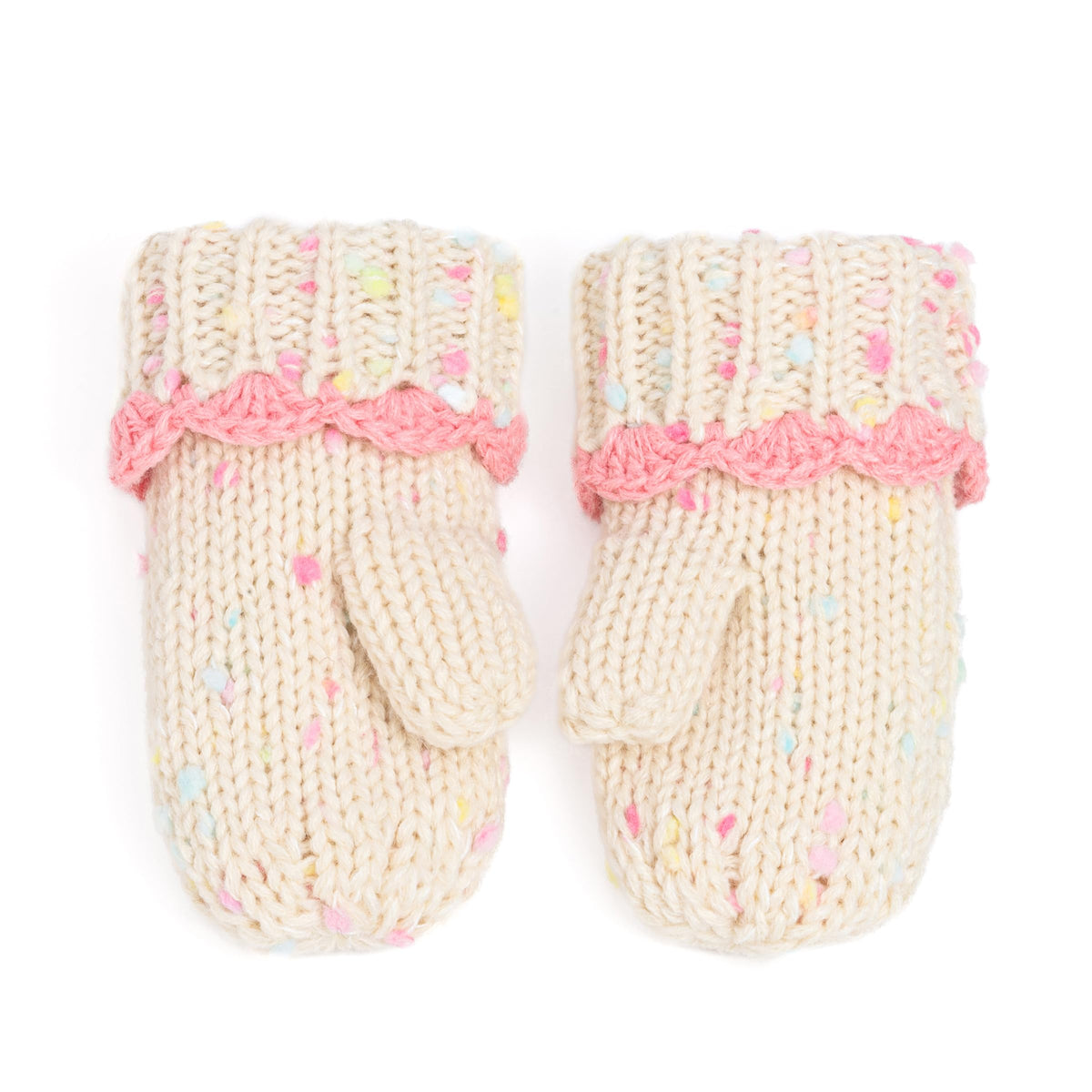Cream knit toddler mitten with pink ruffle cuff and pastel speckle pattern