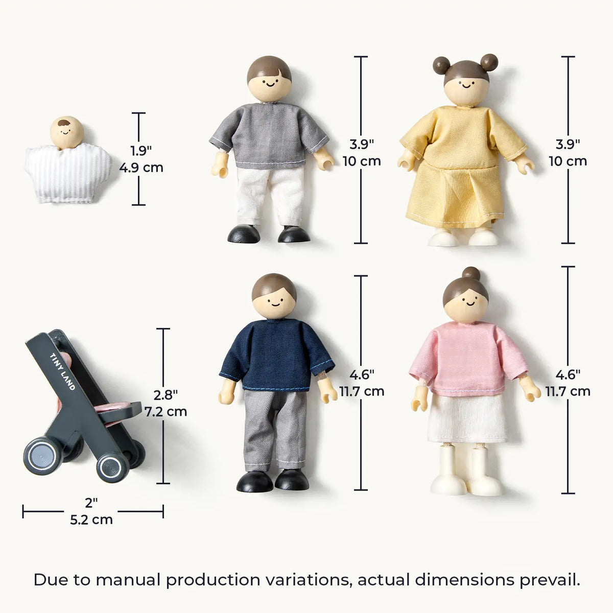 Set of small doll figures with stroller and vehicle, shown with size labels