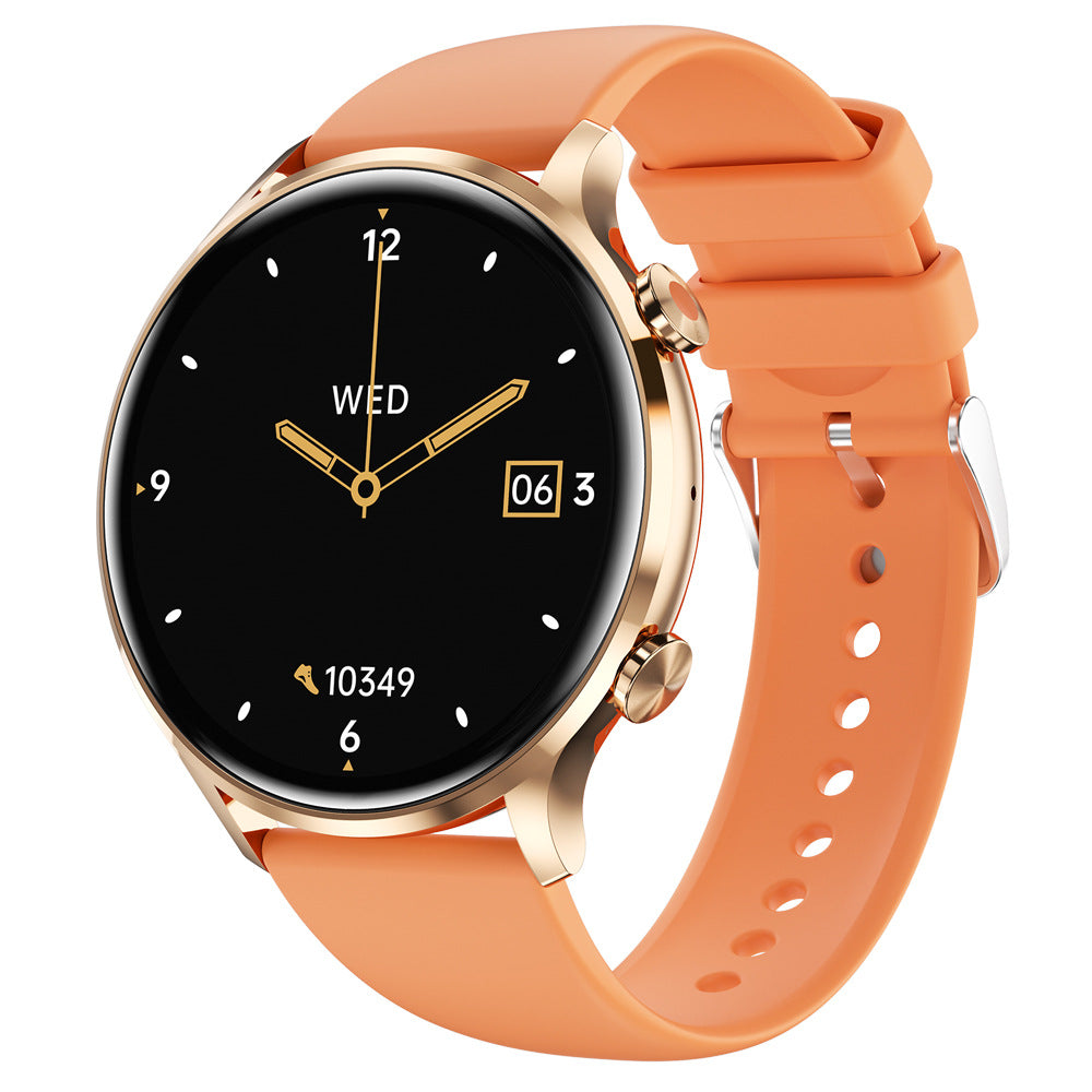 Rose-gold sports smartwatch with black dial and orange silicone band