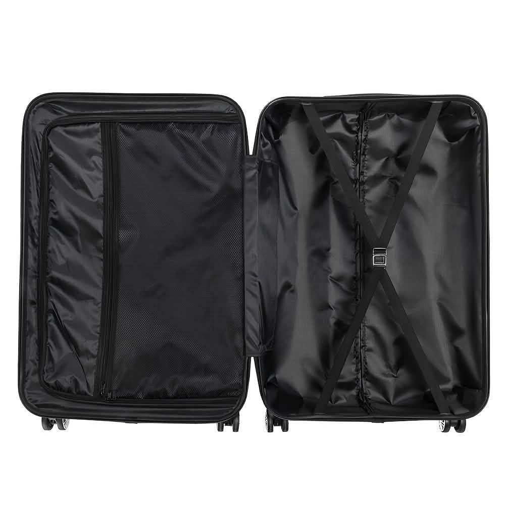 Black hard shell spinner suitcase set with two compartments and interior straps